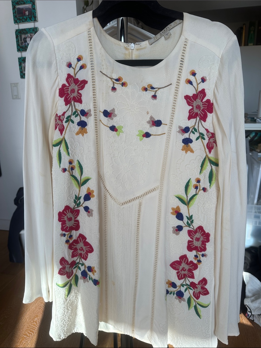 Guess Cream dress with Pink & Green Floral Embroidery